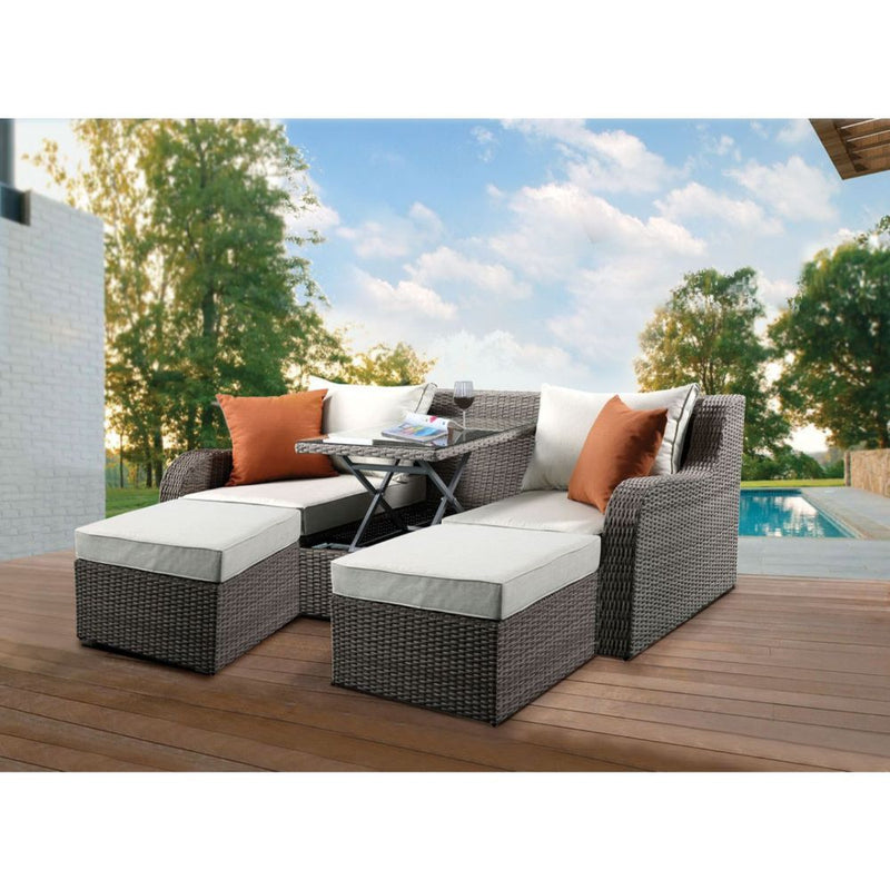Acme Salena Patio Sectional, 2 Ottomans w/ 2 Pillows in Beige Gray Finish 45010