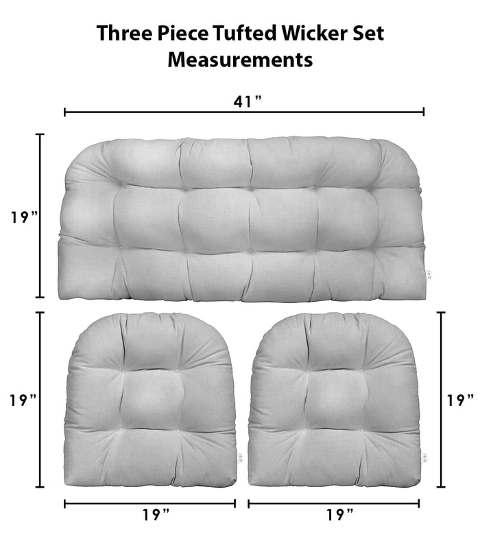 3 Piece Tufted Wicker Settee and Chair Cushion Set | Indoor/Outdoor All Weather Sunbrella Fabric