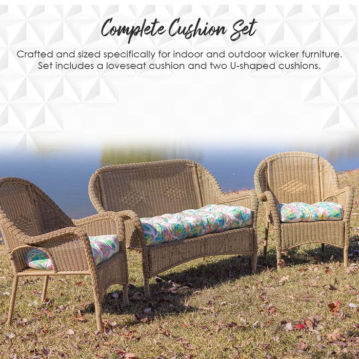 3 Piece Tufted Wicker Settee and Chair Cushion Set | Indoor/Outdoor All Weather Sunbrella Fabric