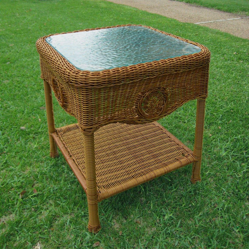 Outdoor Side Table – Resin Wicker, Aluminum, Glass