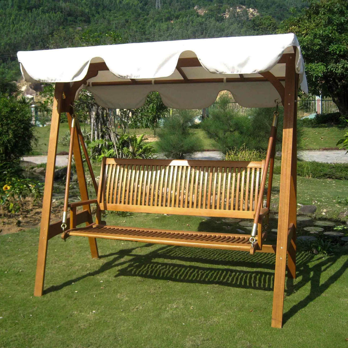 3-Person Outdoor Swing with Frame and Canopy Balau Hardwood — My