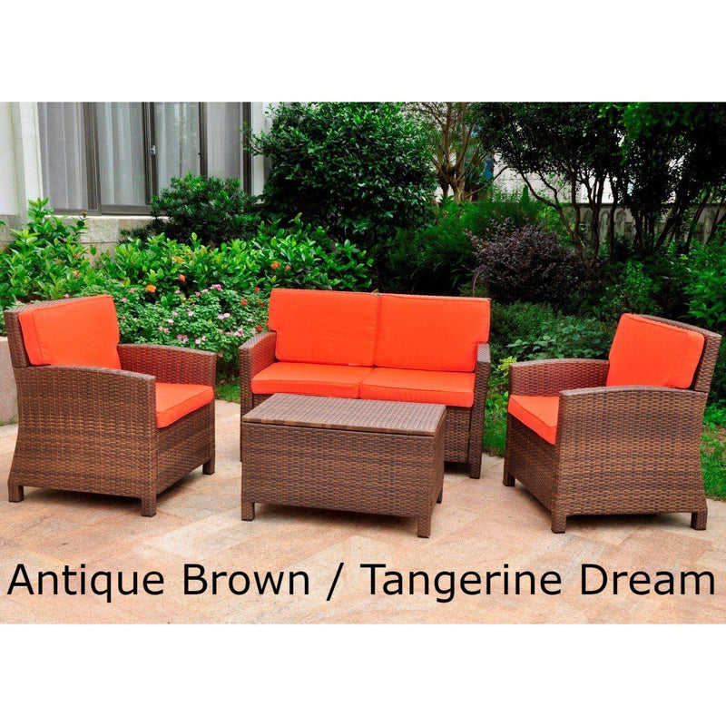 Outdoor Furniture - Outdoor Settee Seating Group – 4 Pieces – Resin Wicker & Steel – With Cushions – Valencia