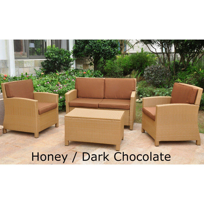 Outdoor Furniture - Outdoor Settee Seating Group – 4 Pieces – Resin Wicker & Steel – With Cushions – Valencia